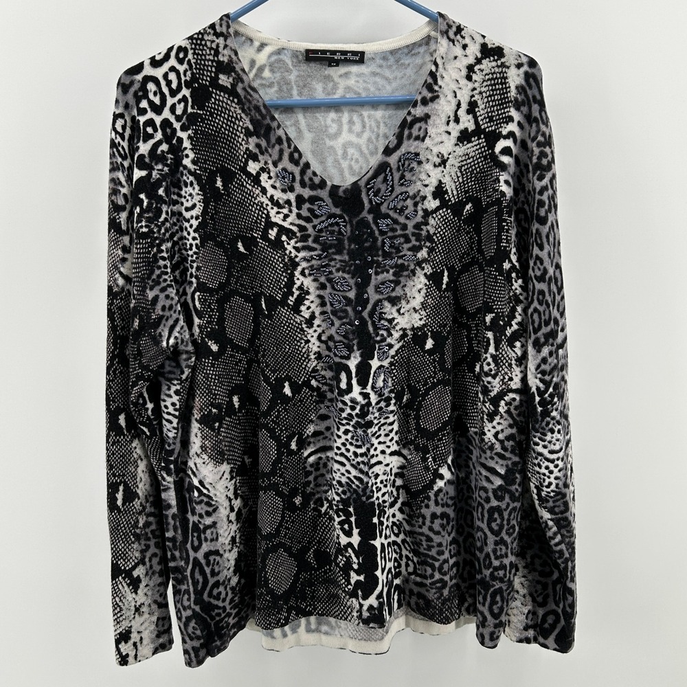 Pierri New York Leopard Snake V-Neck Beaded Sequin Sweater Gray 1X Neutral Cozy